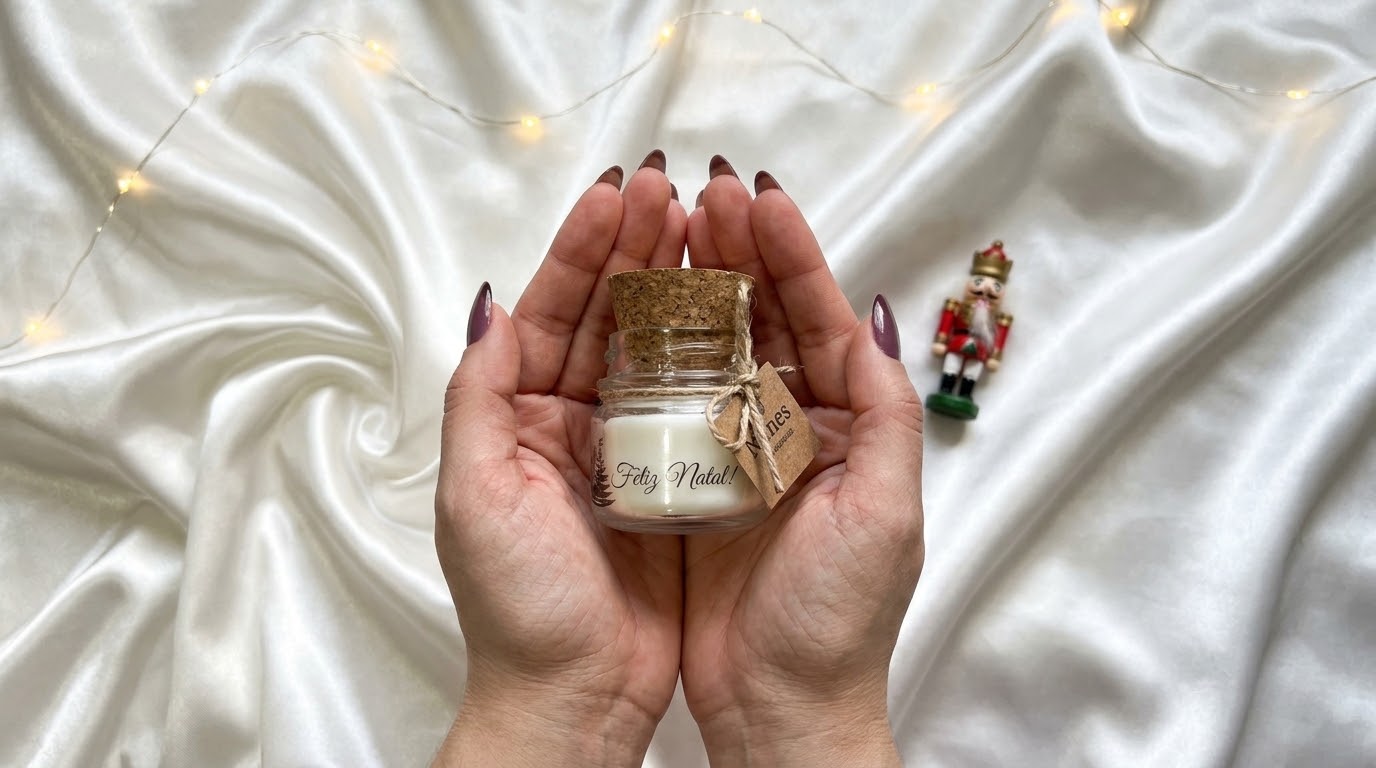Vela artesanal personalizada de Natal em mãos sobre tecido branco